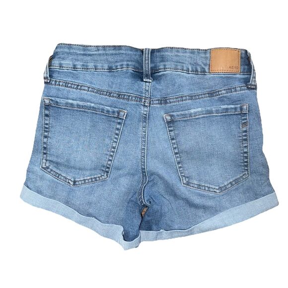WOMEN AERO LOW RISE MIDI STRETCHY DISTRESSED CUFFED DENIM BLUE JEAN SHORTS SZ 6 - Picture 4 of 4